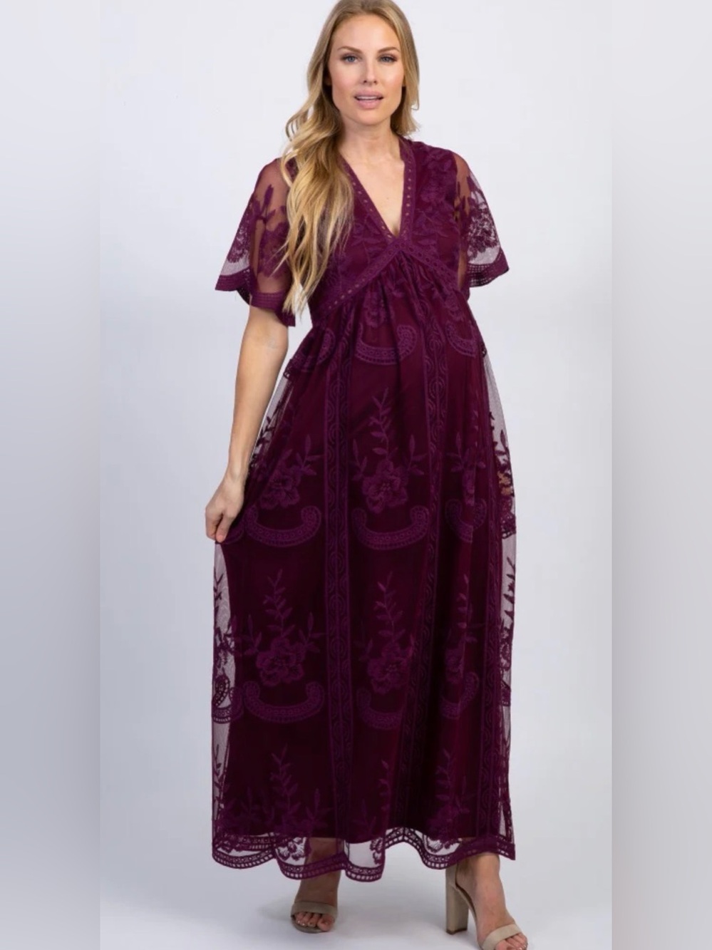 PinkBlush Deep Burgundy Lace Mesh Overlay Maternity Maxi Dress